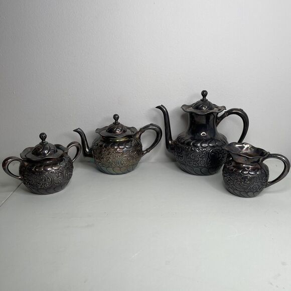 Pairpoint Mfg Co Antique 329 Tea Set Teapot Creamer Sugar Pot 4 Piece Set Rare - Picture 2 of 16